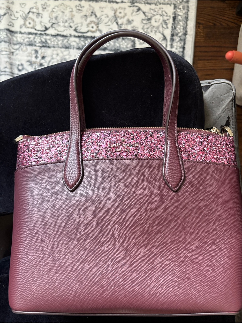 kate spade burgundy tote with pink glitter trim
